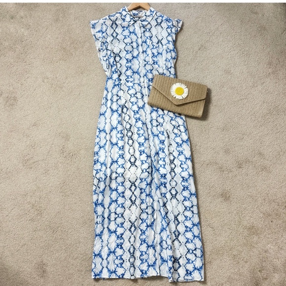 Rebecca Taylor Silk Maxi Dress Button Front Short Flutter Sleeve Blue White Sz 8 - Picture 7 of 16